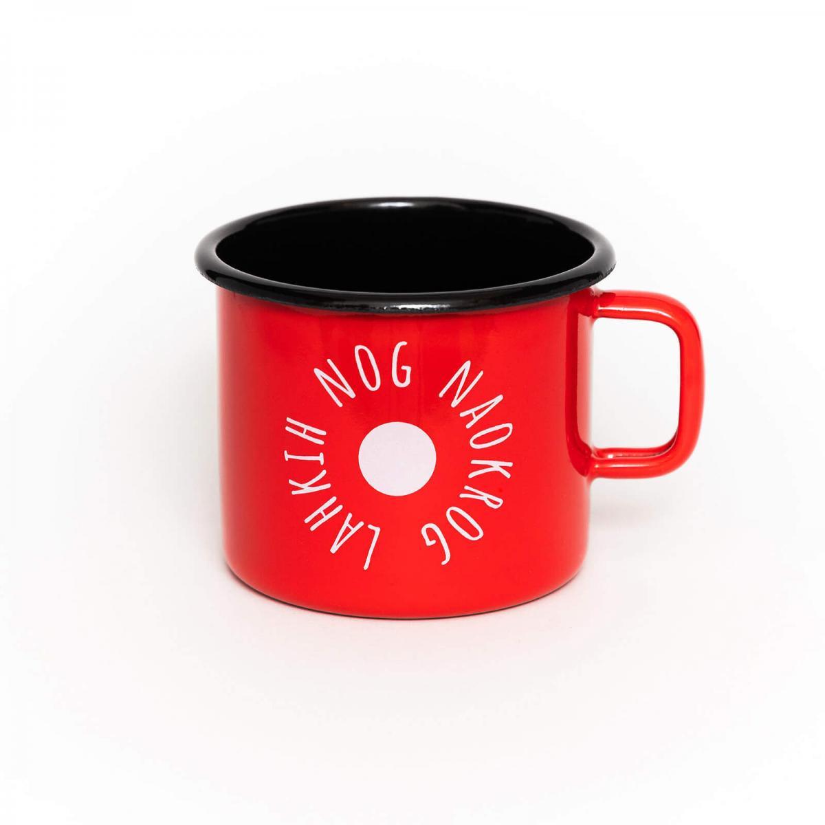 Emajliran lonček LAHKIH NOG NAOKROG - rdeč z belim potiskom